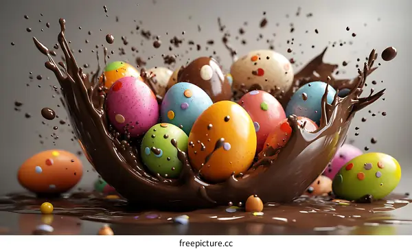 Colorful Easter Eggs Splashing in Chocolate