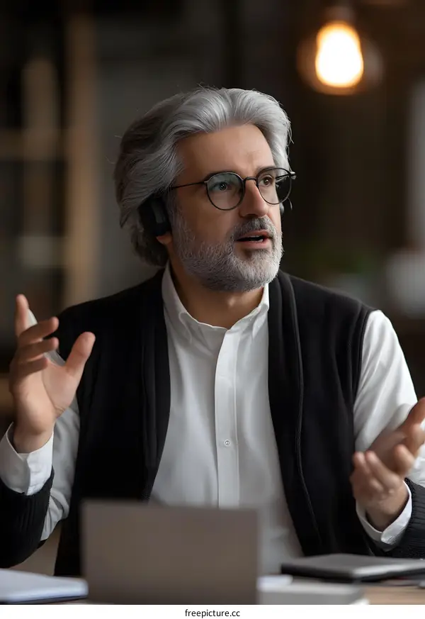 Senior Businessman Talking on a Call with Headphones