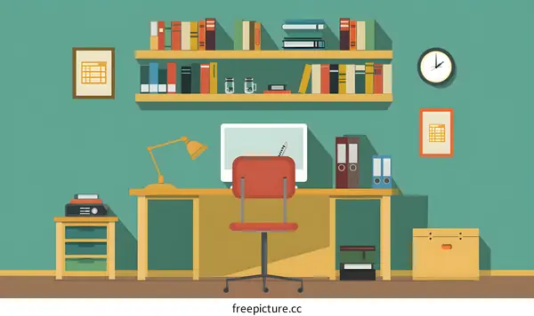 Office Desk Workspace Illustration with Computer, Books, and a Chair