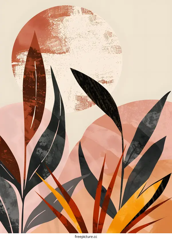 Abstract Art Print With Tropical Leaves