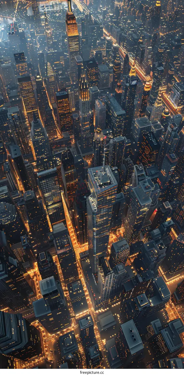 Aerial View of New York City Skyline at Night