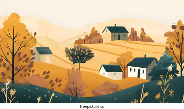 Autumn Landscape with Houses and Trees