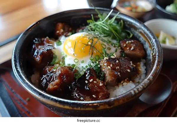 A delicious bowl of Japanese beef rice with egg