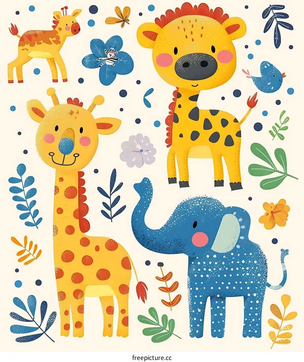 Cute Cartoon Giraffe Elephant Illustration