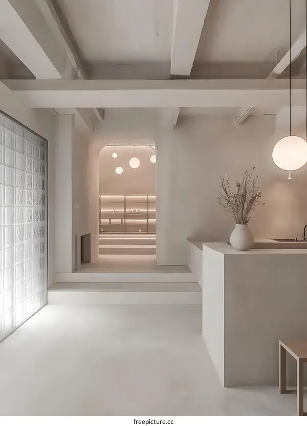 Minimalist White Interior Design with Exposed Beams and Glass Block Wall