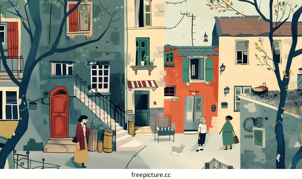 Colorful European Street Scene Illustration