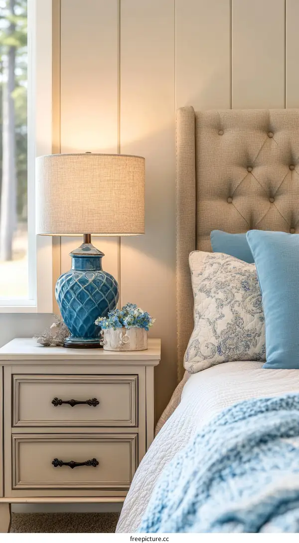 Cozy Bedroom Interior with Light Table Lamp and Blue Decor