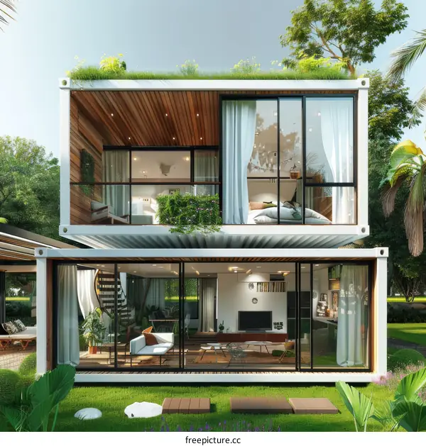 Modern Two-Story Green Roof House with Large Windows