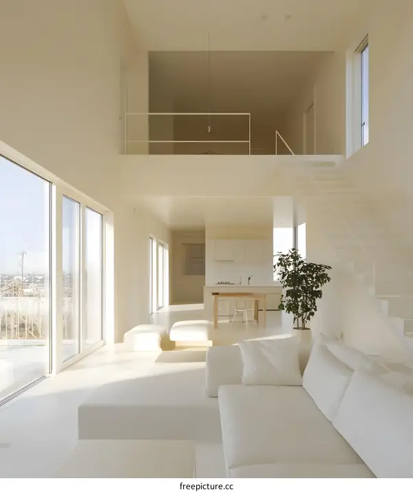 Modern Minimalist White Interior Design Living Room with Staircase and High Ceiling