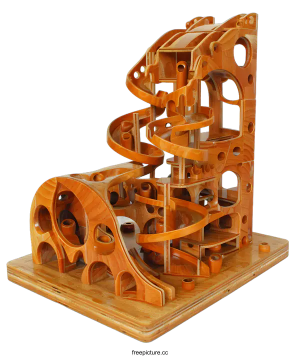 [Transparent Background PNG]Wooden Marble Run Toy with Complex Structure and Detailed Design