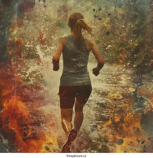 woman running through water with flames on the side