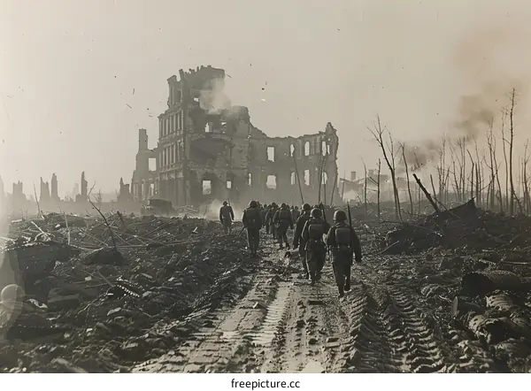 American soldiers walking through the ruins of Warsaw, Poland, after the Warsaw Uprising in 1944