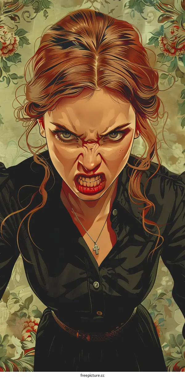 Portrait of a woman with red hair and green eyes, wearing a black shirt with a white collar, and a silver necklace with a cross pendant