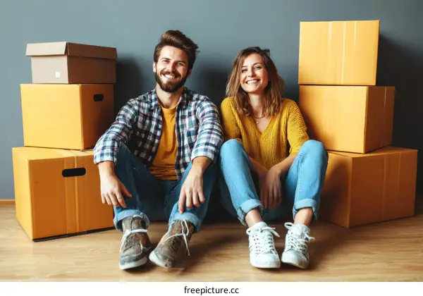 Happy Couple Moving Day Posing