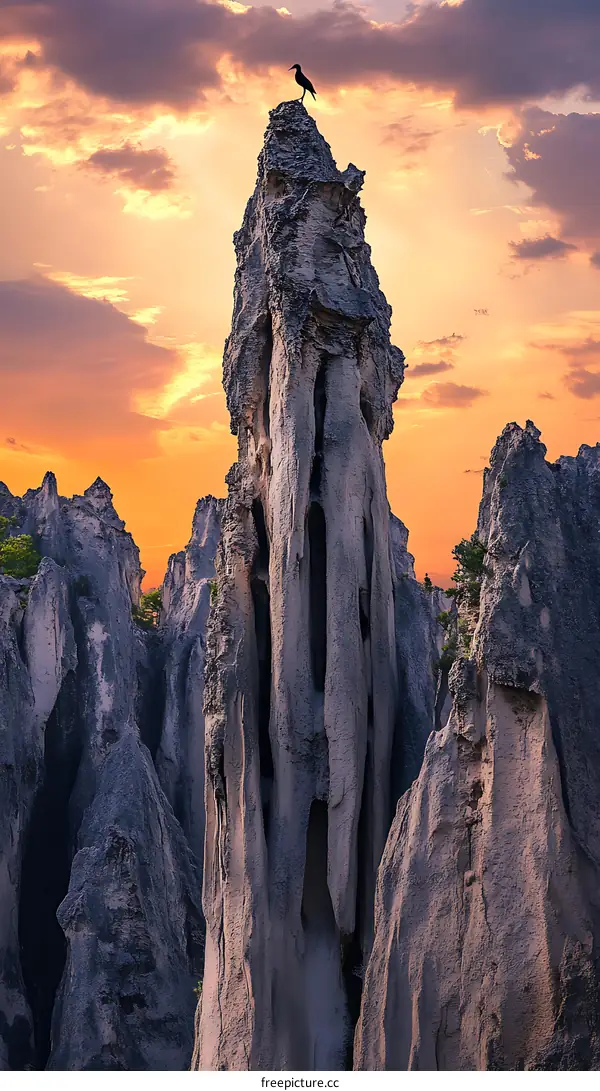 Sunset Over Rocky Landscape with a Bird on Top