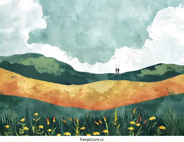 Watercolor Landscape Illustration of Couple Standing on a Hill