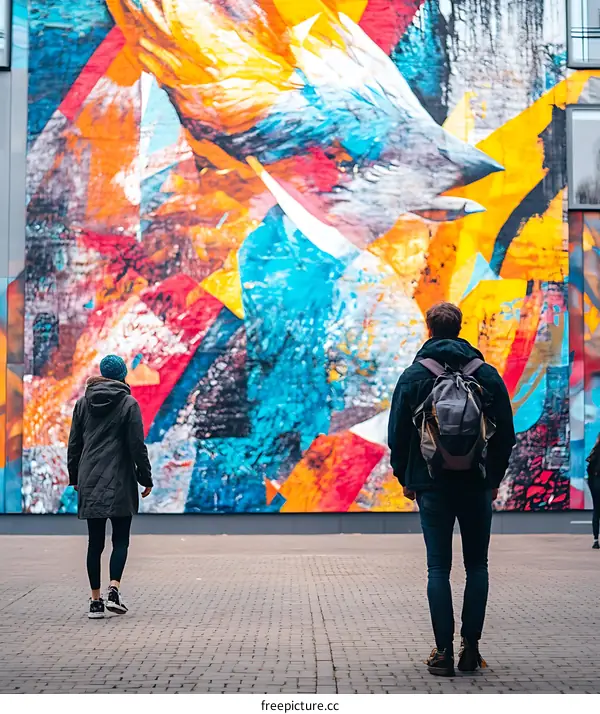 Couple Looking at Colorful Street Art Mural