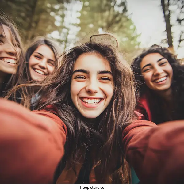 Happy Friends Taking Selfie in Forest