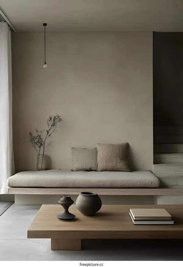 Minimalist Living Room Interior Design With Wooden Coffee Table and Cushioned Bench
