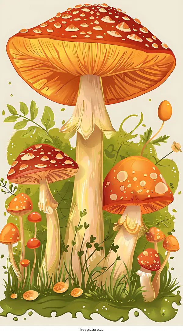 Red and Yellow Mushrooms in Green Grass