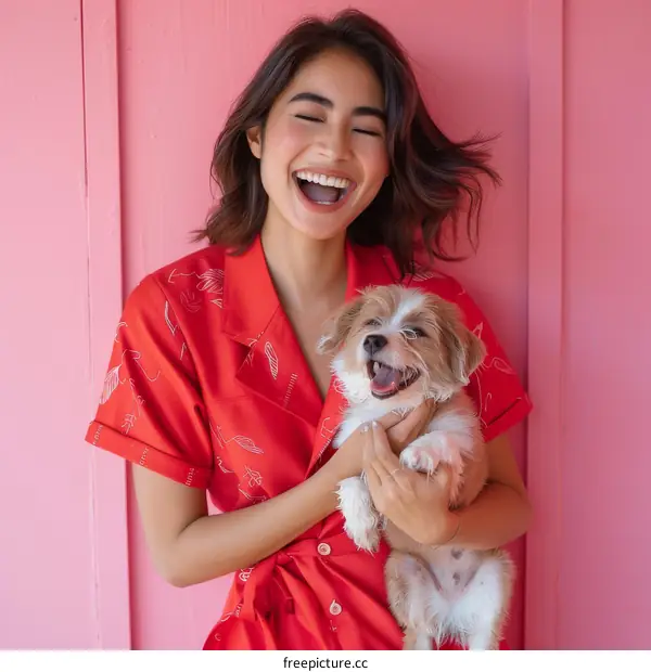 Laughing woman holding a small dog