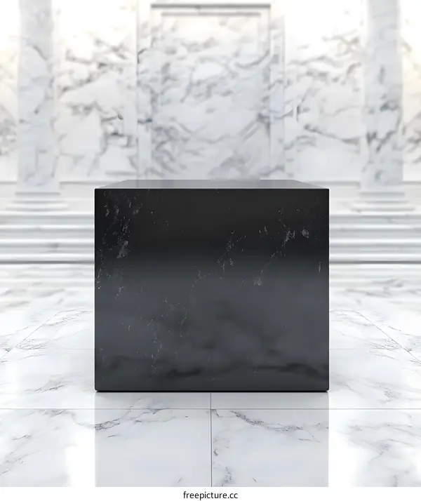 Black Marble Cube On White Marble Background