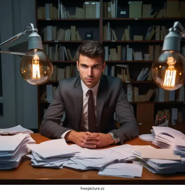 Young professional man sitting at his desk surrounded by paperwork and looking stressed