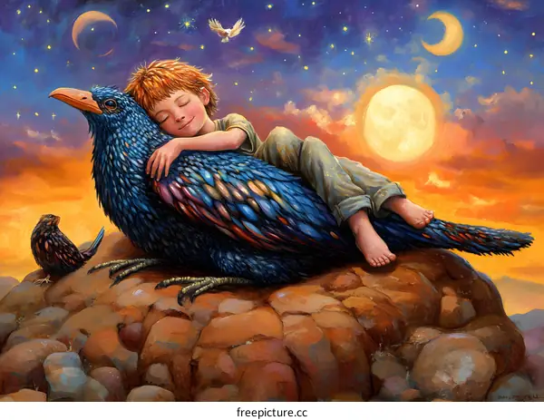 Boy Sleeping on a Giant Bird Under the Stars