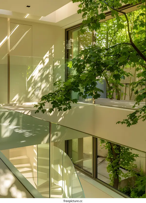 Modern Glass Railing Staircase in a House with a View of a Lush Green Tree
