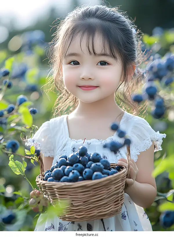 Little Girl Holding a Basket of Blueberries