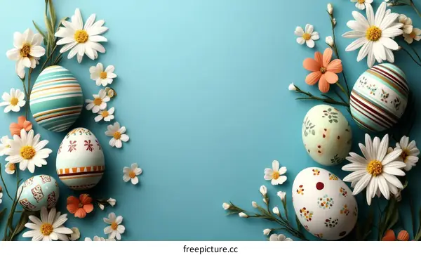 Easter Eggs Decorated with Flowers on a Light Blue Background