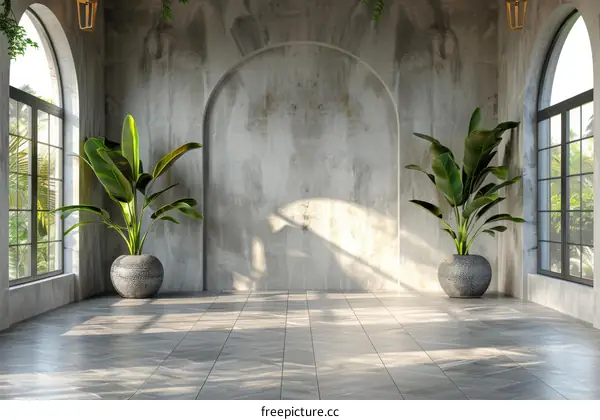 Modern Concrete Interior Design with Tropical Plants