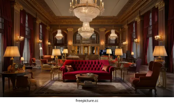 luxurious hotel lobby with red velvet furniture and crystal chandeliers