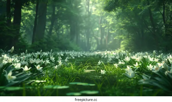 Sunlight Filtering Through Forest Canopy, Illuminating Wildflowers