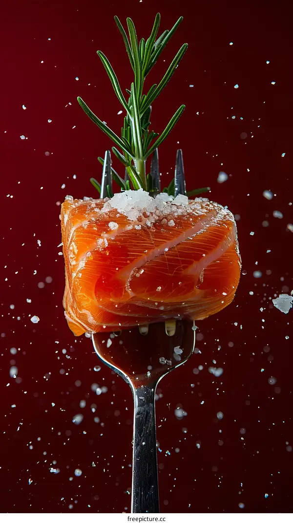 A sprig of rosemary on a fork with a piece of salmon fillet