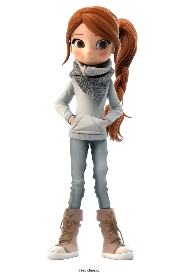 [Transparent Background PNG]Cartoon Girl with Brown Hair Wearing a Gray Sweater