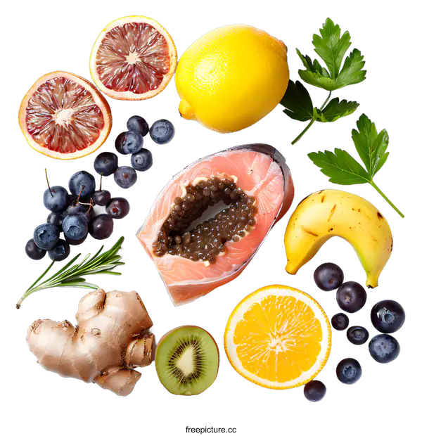 [Transparent Background PNG]Fresh Salmon with Caviar and Citrus Fruits