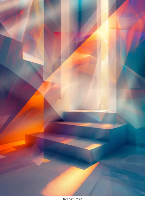 Abstract 3D rendering of a modern geometric staircase with colorful lighting effects