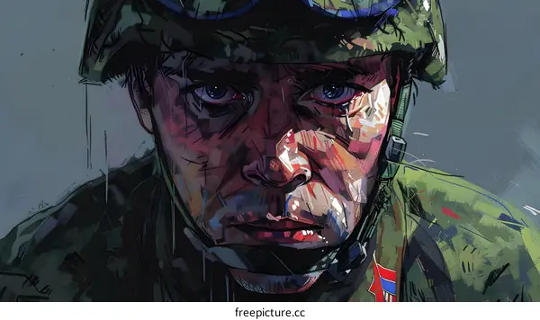 A soldiers portrait with a camouflage helmet