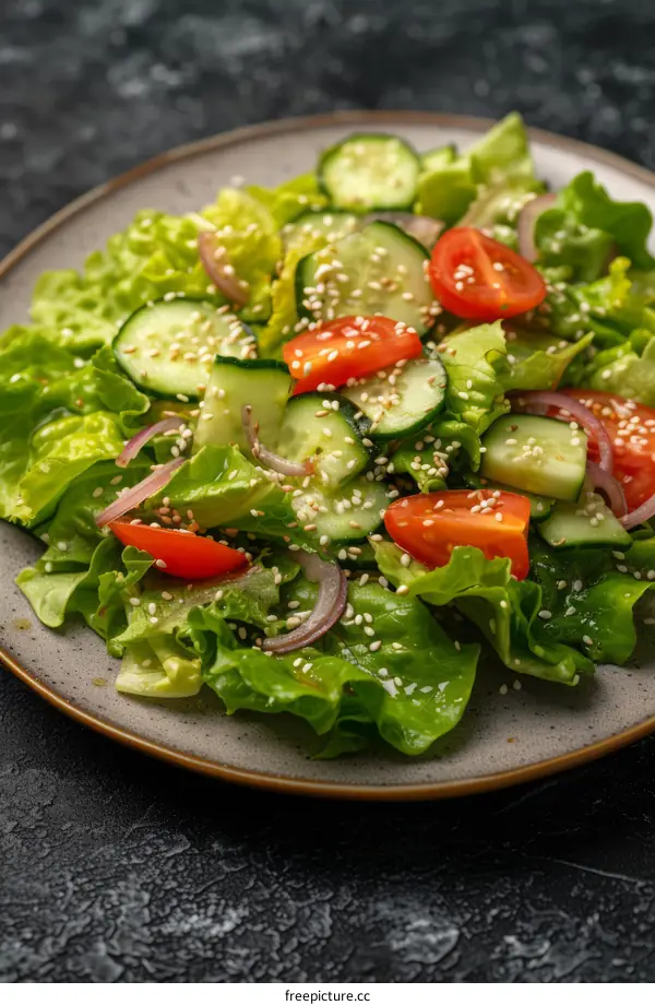 Fresh salad with lettuce, cucumber, tomato and sesame seeds