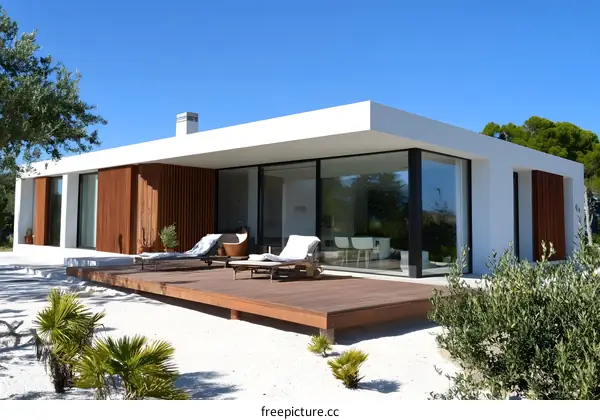 Modern White House with Wooden Deck and Patio Furniture
