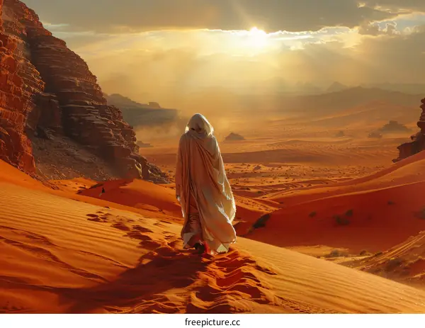 A person walking through a vast desert landscape