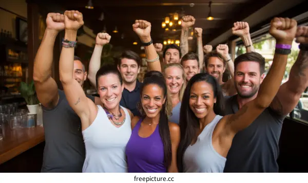 Group of people celebrating with raised fists