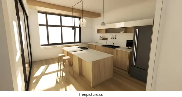 Modern Kitchen Design With Wooden Cabinets And Island