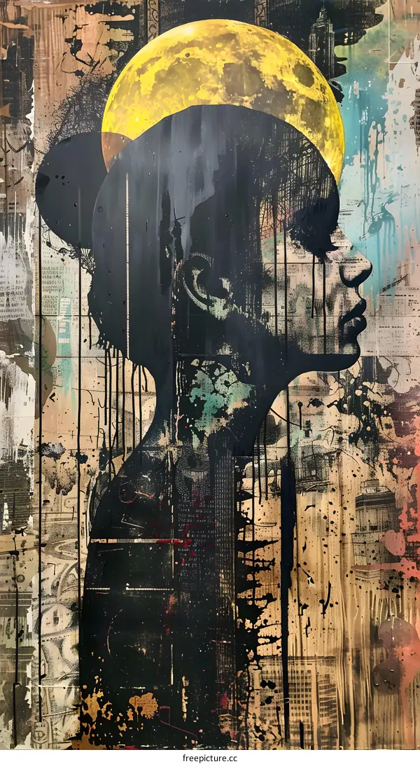 Abstract Portrait with Moon and Grunge Background