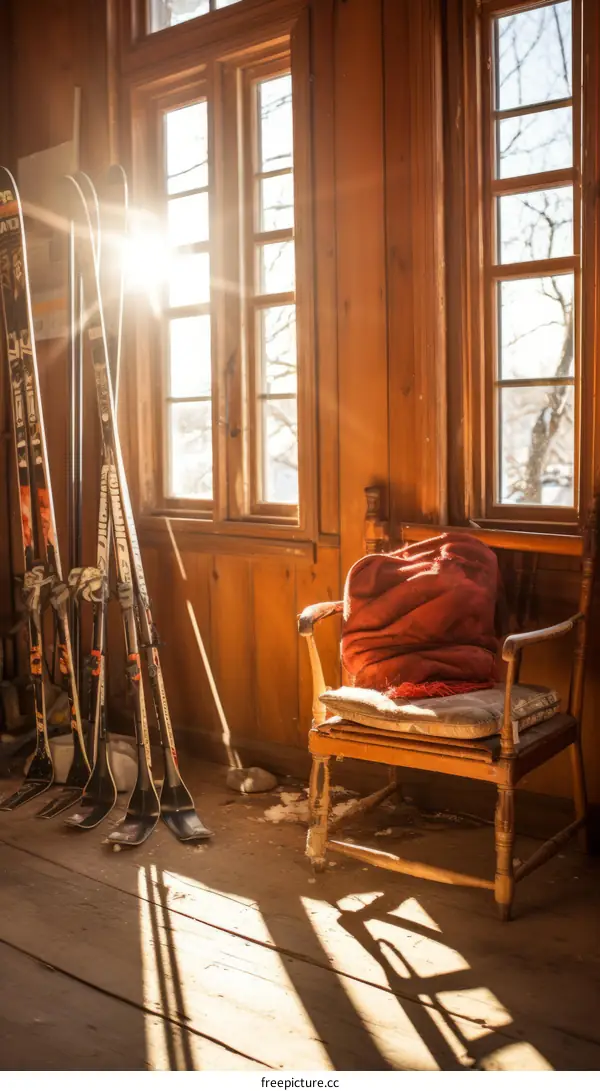 The Interior of a Wooden Cabin with Skis and Chairs