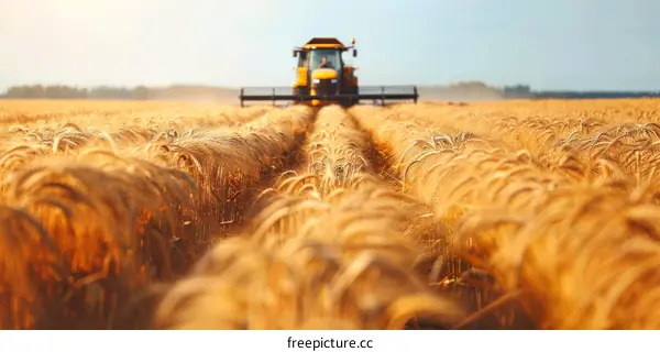 Golden Wheat Field Harvest with Tractor and Combine Harvester in Summer