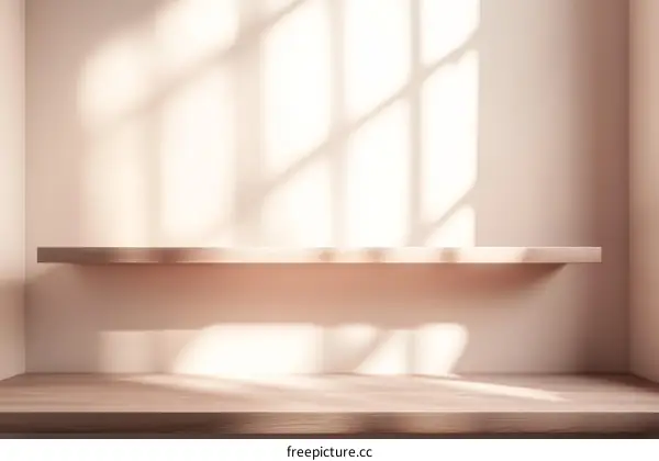 Empty Wooden Shelf Display Against Pastel Wall
