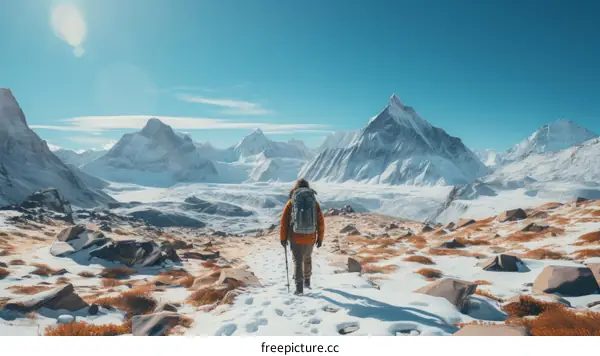 Man hiking alone in the snowy mountains