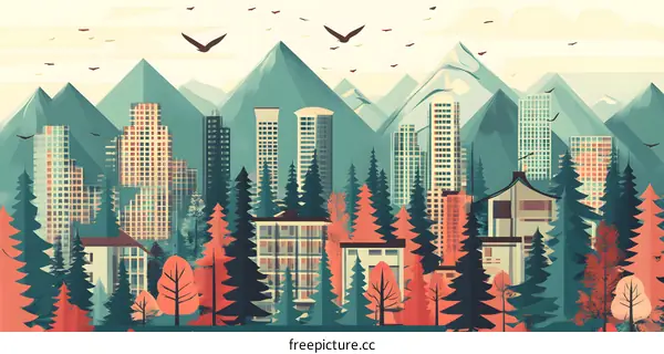 Cityscape with Mountains and Birds